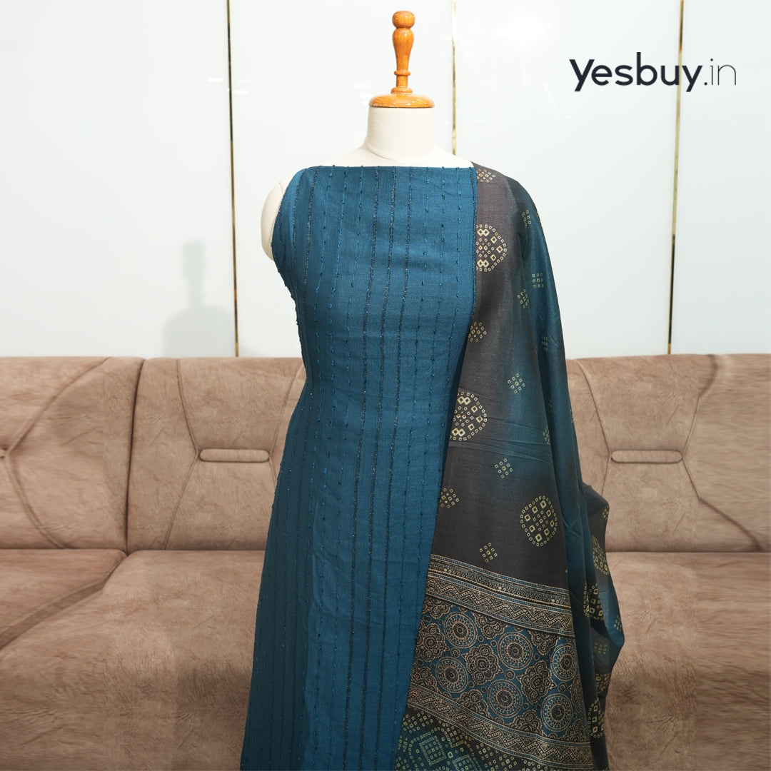 Vijithra silk churidar material with printed Shawl 599/-